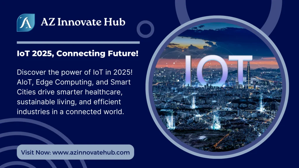 IoT 2025, Connecting Future! by AZ Innovate Hub, featuring a vibrant cityscape with IoT text overlay, showcasing AIoT, Edge Computing, and Smart Cities driving smarter healthcare, sustainable living, and efficient industries in a connected world.