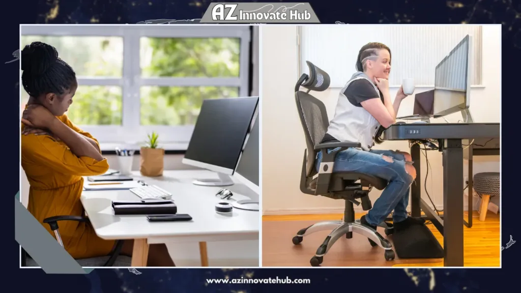 ergonomicErgonomic home office setup with adjustable chair, standing desk, and keyboard.