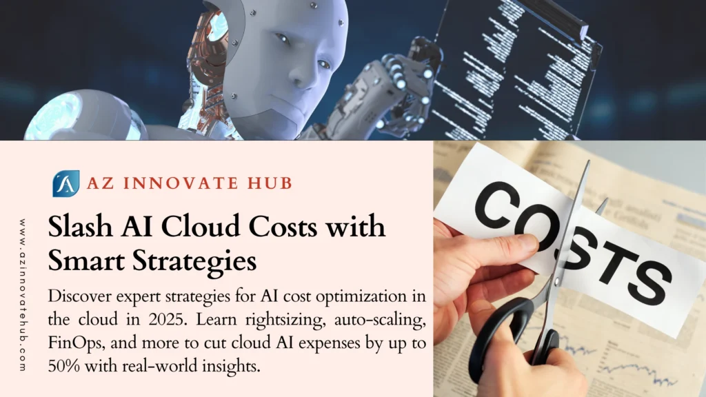 A vibrant infographic featuring a futuristic robot and a hand cutting a paper labeled "COSTS" with scissors, symbolizing AI Cost Optimization in the cloud. The text "AZ Innovate Hub" and "Slash AI Cloud Costs with Smart Strategies" highlights expert tips like rightsizing, auto-scaling, and FinOps to reduce cloud AI expenses by up to 50%, set against a digital cloud and data background.