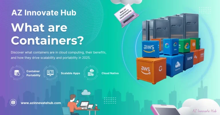 Digital illustration of a container ship loaded with colorful containers, symbolizing containers in cloud computing, set against a backdrop of interconnected clouds representing scalability and portability