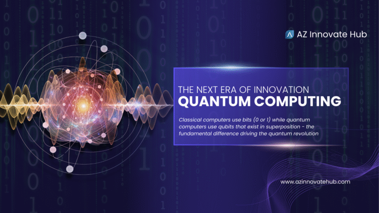 Quantum Computing vs Classical Computing comparison showing binary code and quantum superposition states