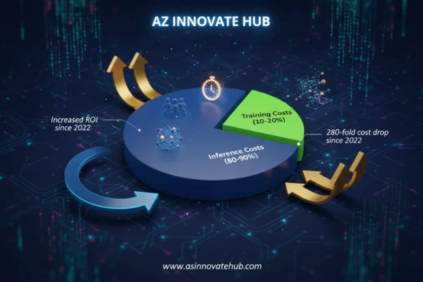 3D pie chart showing 80-90% AI inference cost dominance for 2025 budgets by AZ Innovate Hub. Keywords: AI inference, cost optimization, ROI, Q4 2025, cloud strategies