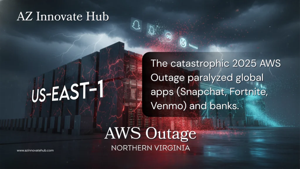 3D dramatic visualization of the 2025 AWS Outage in US-East-1 (Northern Virginia) data center, with glowing red lightning cracks shattering server towers under a stormy thundercloud, floating glitching app icons (Snapchat, Fortnite, Venmo), and bold text overlay: 'The catastrophic 2025 AWS Outage paralyzed global apps (Snapchat, Fortnite, Venmo) and banks' – highlighting Cloud Computing Centralization Risk and DNS Failure. Brought to you by AZ Innovate Hub | www.azinnovatehub.com