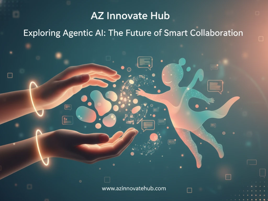 An image titled "Exploring Agentic AI: The Future of Smart Collaboration" from AZ Innovate Hub, featuring a warm, futuristic design on a teal background with a gradient glow. It shows two human hands with glowing rings, reaching out toward a playful, ethereal AI figure in shades of coral and teal, symbolizing a partnership between humans and autonomous AI. Floating bubbles and speech bubbles with text icons surround the scene, representing collaboration and communication. The website "www.azinnovatehub.com" is displayed at the bottom, highlighting the innovative potential of Agentic AI systems for smart teamwork and enhanced decision-making in the Agentic Era.