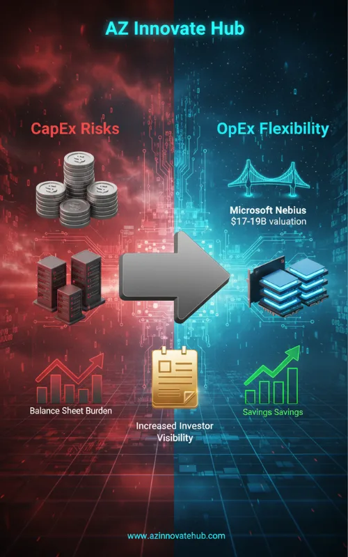 Infographic on 2025 shift from CapEx to OpEx in AI infrastructure with neoclouds by AZ Innovate Hub. Keywords: AI inference, neoclouds, OpEx, cost optimization, Q4 2025.