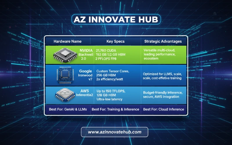 Table comparing 2025 AI hardware (NVIDIA Blackwell, TPU Ironwood, Inferentia2) for inference by AZ Innovate Hub. Keywords: AI inference, hardware accelerators, cloud strategies, ROI, Q4 2025.