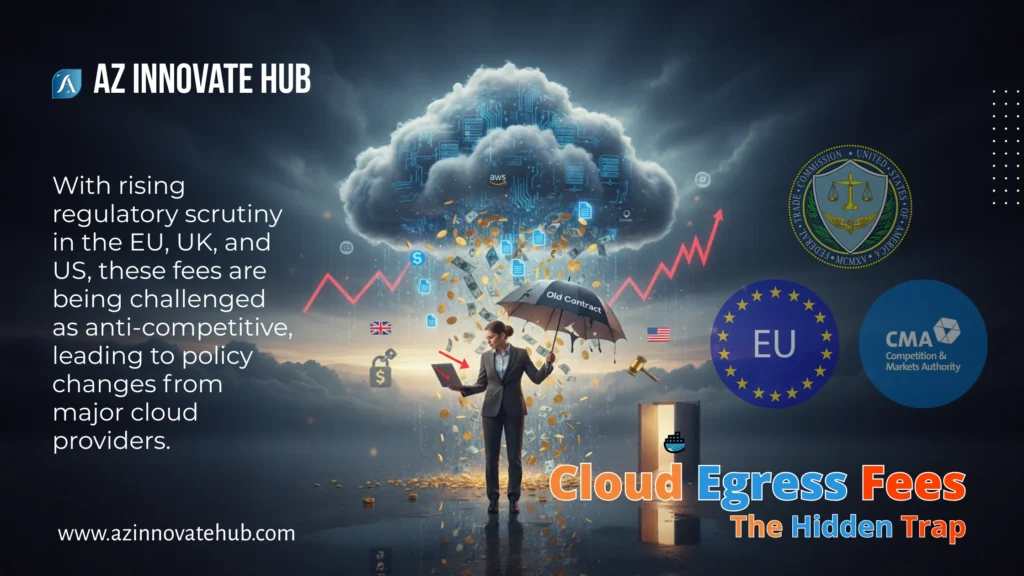 An illustrative image for the article "How Data Egress Fees Trap Enterprises in the Cloud" featuring a businessperson holding a broken umbrella labeled "Old Contract" under a stormy cloud raining coins, banknotes, and data files, symbolizing data egress fees and cloud egress fees. The background includes regulatory symbols (EU, UK, US flags, FTC, CMA logos) and rising cost graphs, with a door and Docker icon suggesting a cloud exit strategy.