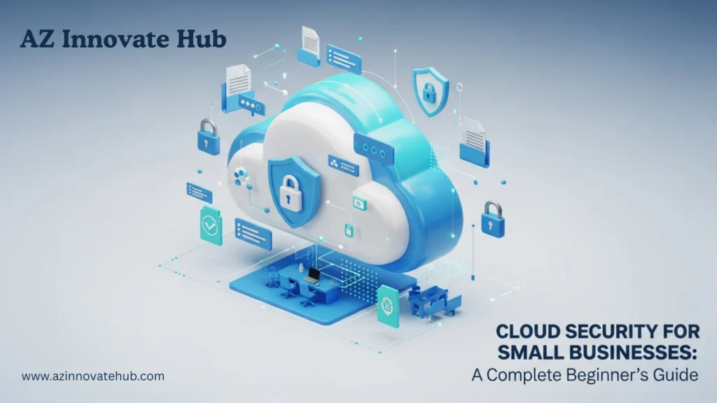 3D illustration of cloud security for small businesses showing a secure cloud with locks, shields, documents and digital icons, representing data protection and cybersecurity, labeled Cloud Security for Small Businesses: A Complete Beginner’s Guide.