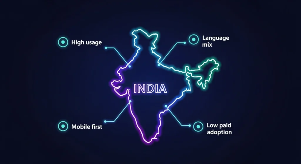 Neon outline of India showing four factors that help AI models grow: high usage, language mix, mobile-first behavior and low paid adoption.