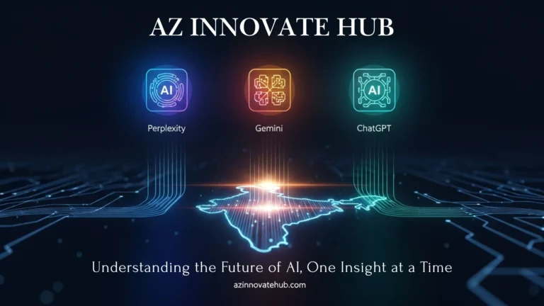 A futuristic digital illustration showing Perplexity, Gemini and ChatGPT AI icons sending glowing data streams into a neon outline of India, with the title “AZ Innovate Hub”, the tagline “Understanding the Future of AI, One Insight at a Time”, and the website azinnovatehub.com displayed.